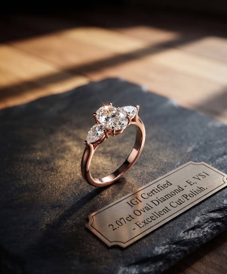 2.87 carat oval three-stone lab-grown diamond engagement ring in solid 14K gold — sold