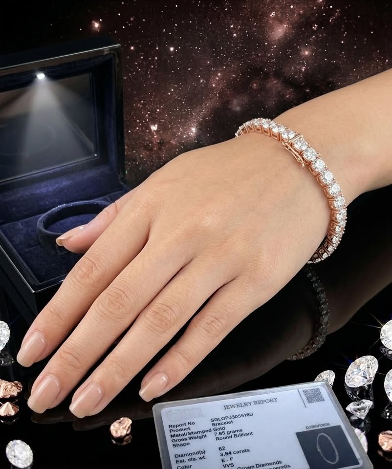 3.84 carat total weight lab-grown diamond tennis bracelet in 14K rose gold, SGL certified — sold